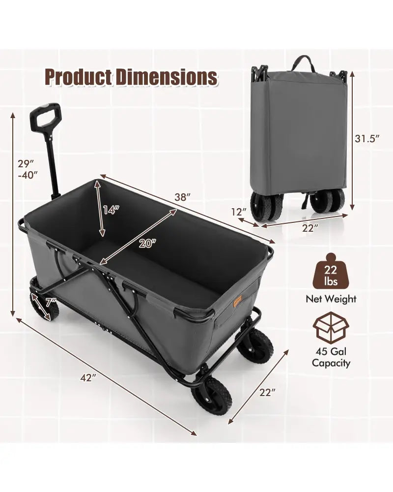 Collapsible Folding Wagon Cart with Adjustable Handlebar-Gray - Gray - Garden Carts
