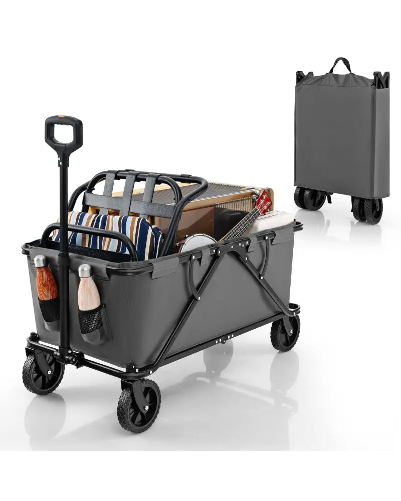 Collapsible Folding Wagon Cart with Adjustable Handlebar-Gray - Gray - Garden Carts