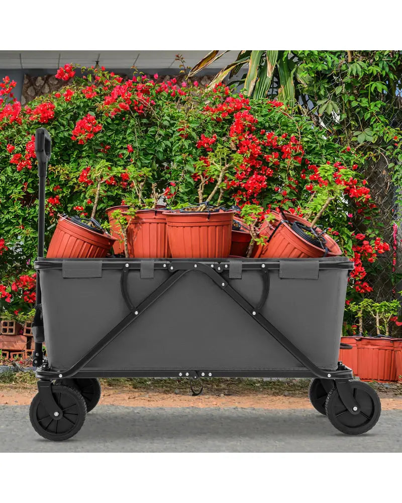 Collapsible Folding Wagon Cart with Adjustable Handlebar-Gray - Gray - Garden Carts