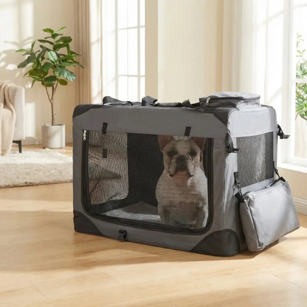 Collapsible Soft Dog Crate Travel Crate with Mesh Windows and 3 Doors-L - Gray - Dog Kennels