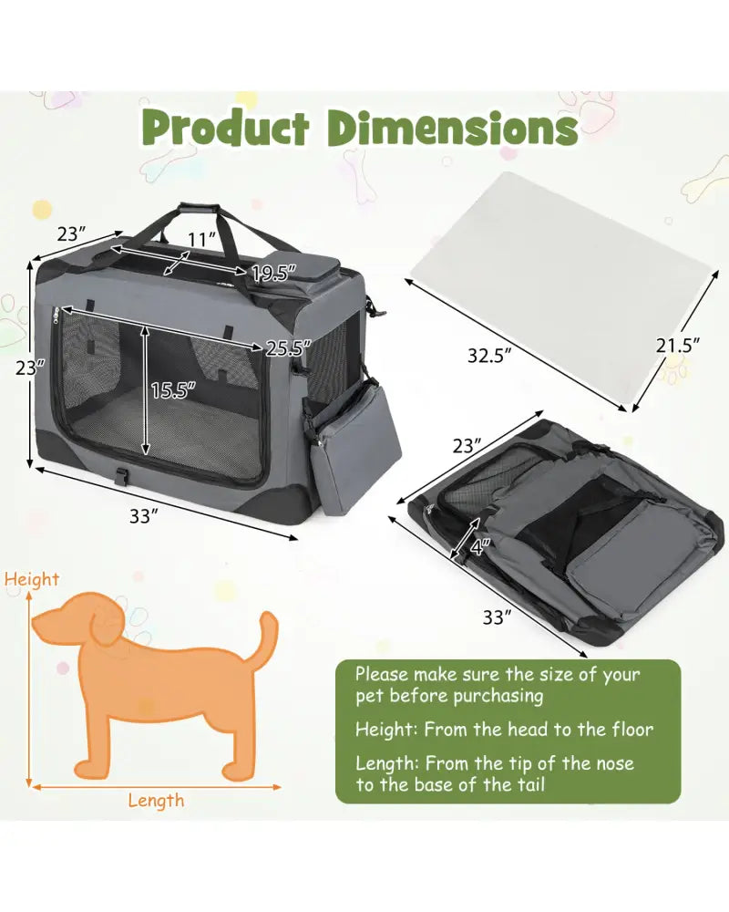 Collapsible Soft Dog Crate Travel Crate with Mesh Windows and 3 Doors-L - Gray - Dog Kennels