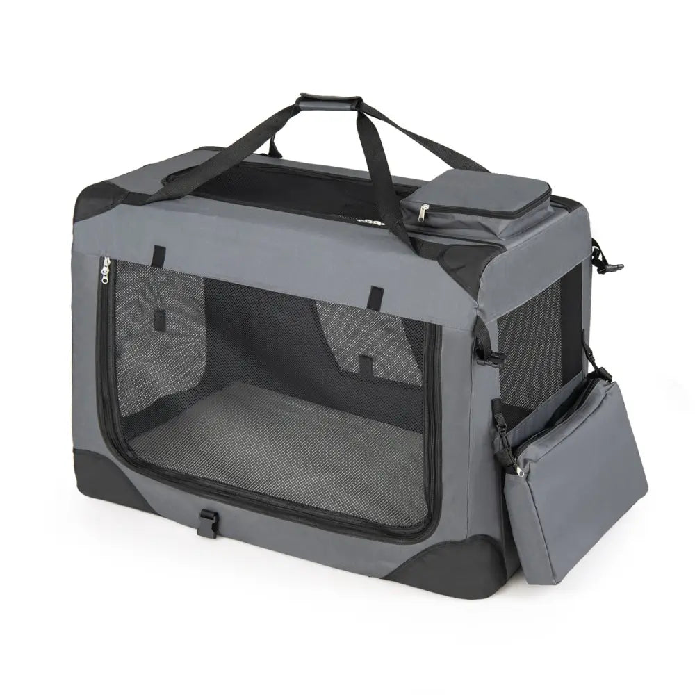 Collapsible Soft Dog Crate Travel Crate with Mesh Windows and 3 Doors-L - Gray - Dog Kennels