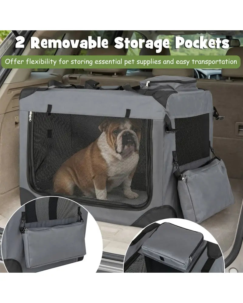 Collapsible Soft Dog Crate Travel Crate with Mesh Windows and 3 Doors-L - Gray - Dog Kennels