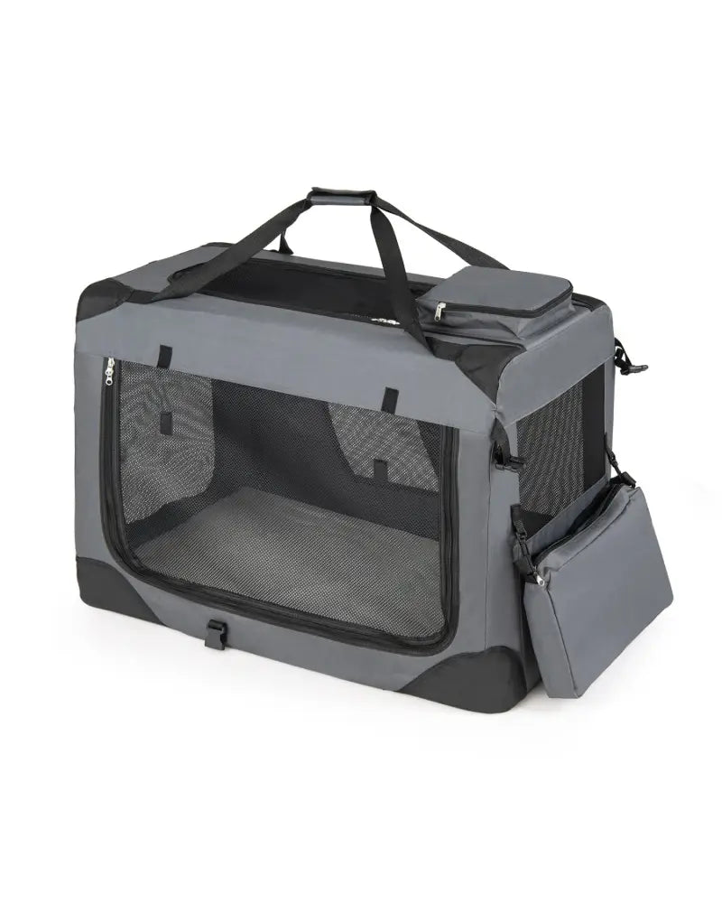 Collapsible Soft Dog Crate Travel Crate with Mesh Windows and 3 Doors-L - Gray - Dog Kennels