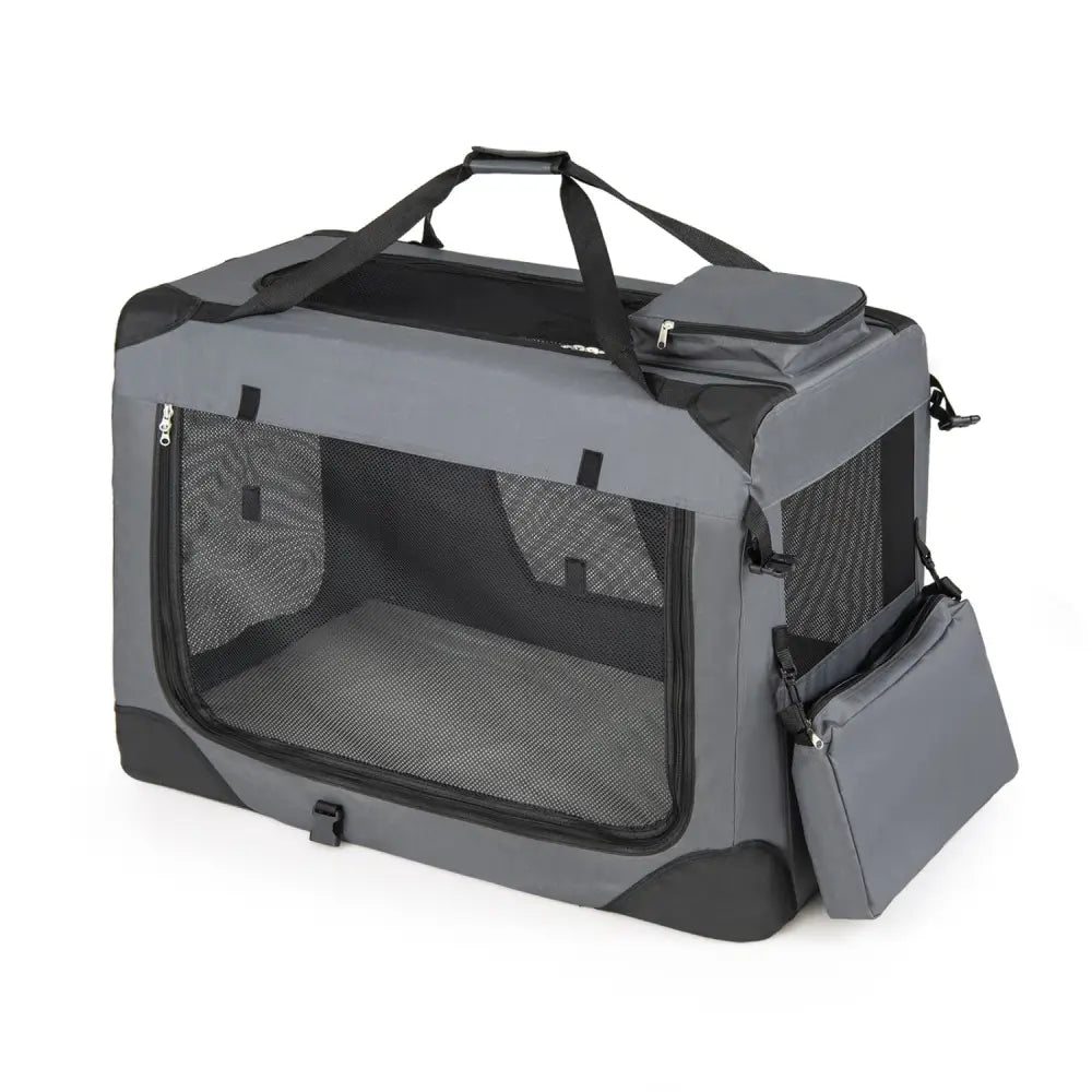 Collapsible Soft Dog Crate Travel Crate with Mesh Windows and 3 Doors-L - Gray - Dog Kennels