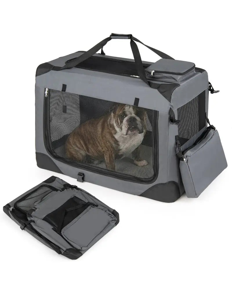 Collapsible Soft Dog Crate Travel Crate with Mesh Windows and 3 Doors-L - Gray - Dog Kennels
