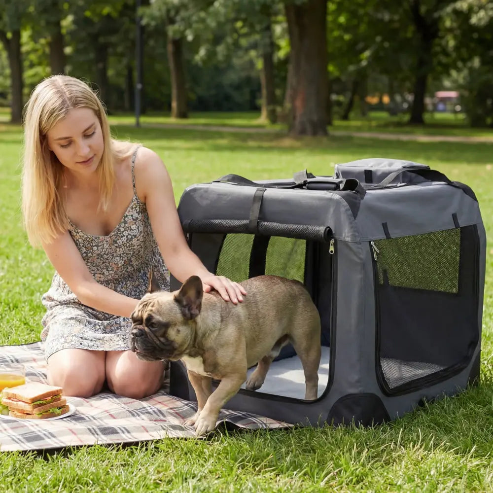 Collapsible Soft Dog Crate Travel Crate with Mesh Windows and 3 Doors-L - Gray - Dog Kennels