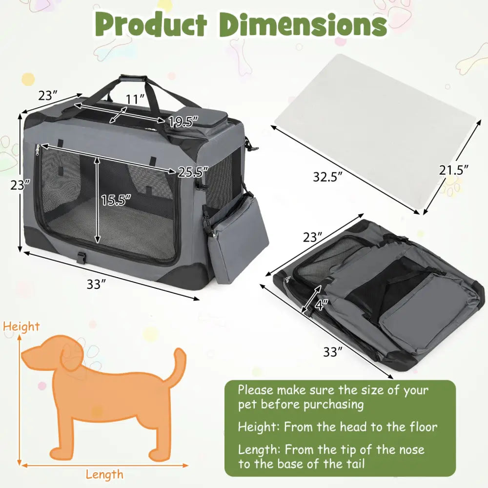 Collapsible Soft Dog Crate Travel Crate with Mesh Windows and 3 Doors-L - Gray - Dog Kennels