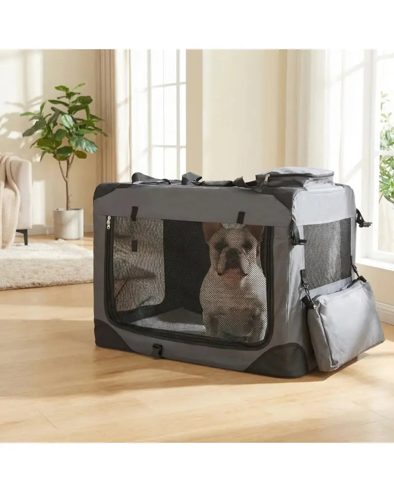 Collapsible Soft Dog Crate Travel Crate with Mesh Windows and 3 Doors-L - Gray - Dog Kennels