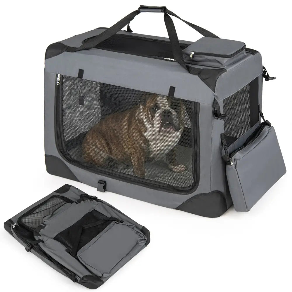Collapsible Soft Dog Crate Travel Crate with Mesh Windows and 3 Doors-L - Gray - Dog Kennels