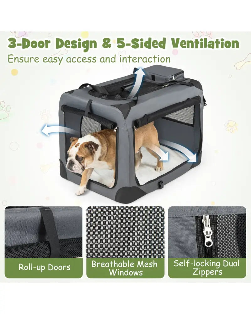 Collapsible Soft Dog Crate Travel Crate with Mesh Windows and 3 Doors-L - Gray - Dog Kennels