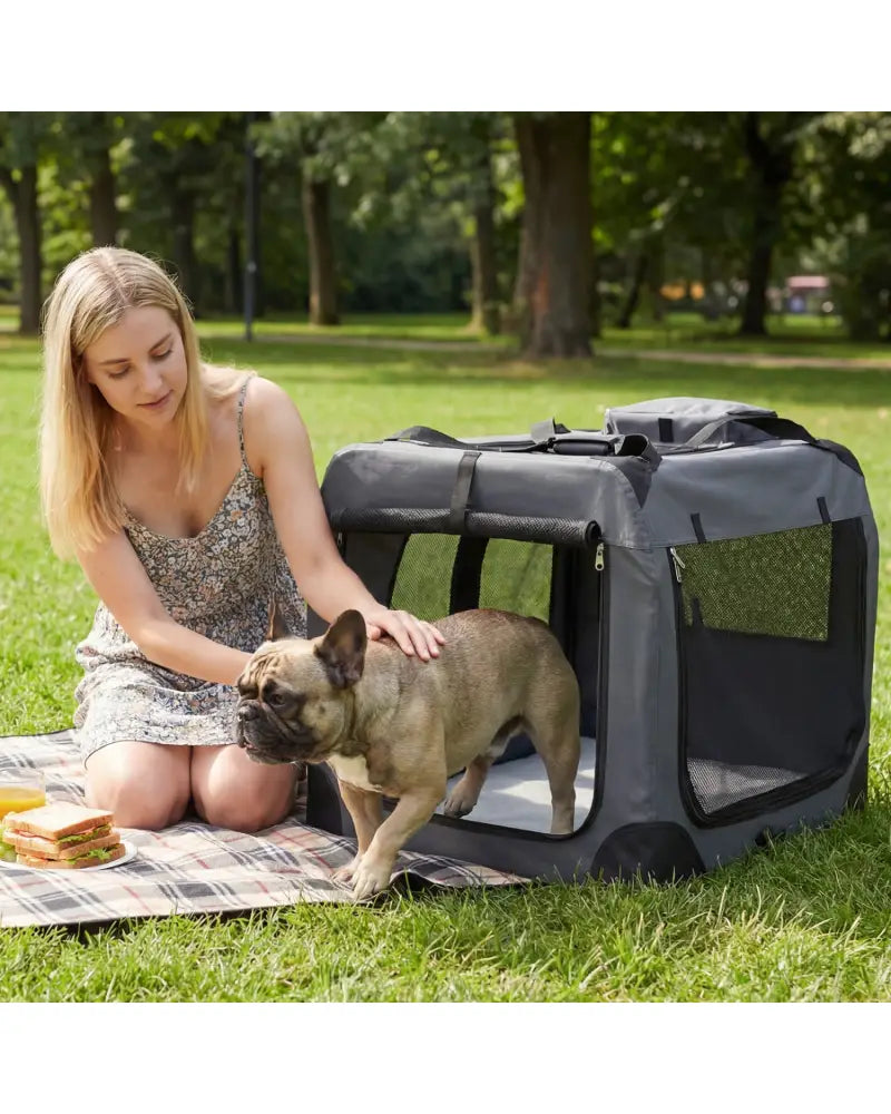 Collapsible Soft Dog Crate Travel Crate with Mesh Windows and 3 Doors-L - Gray - Dog Kennels