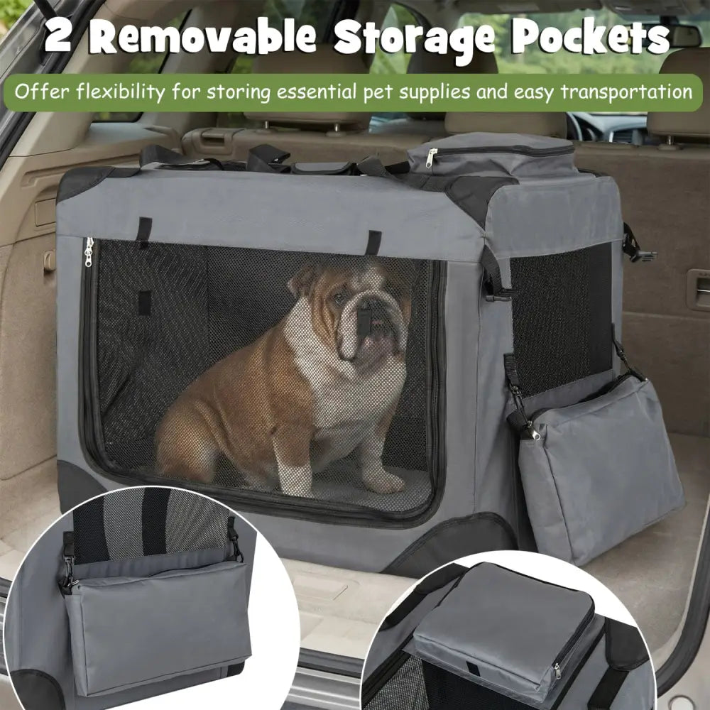 Collapsible Soft Dog Crate Travel Crate with Mesh Windows and 3 Doors-L - Gray - Dog Kennels