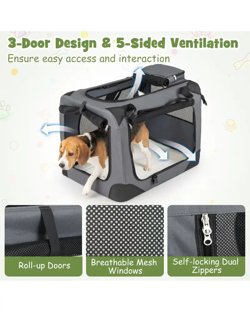 Collapsible Soft Dog Crate Travel Crate with Mesh Windows and 3 Doors-M - Gray - Dog Kennels
