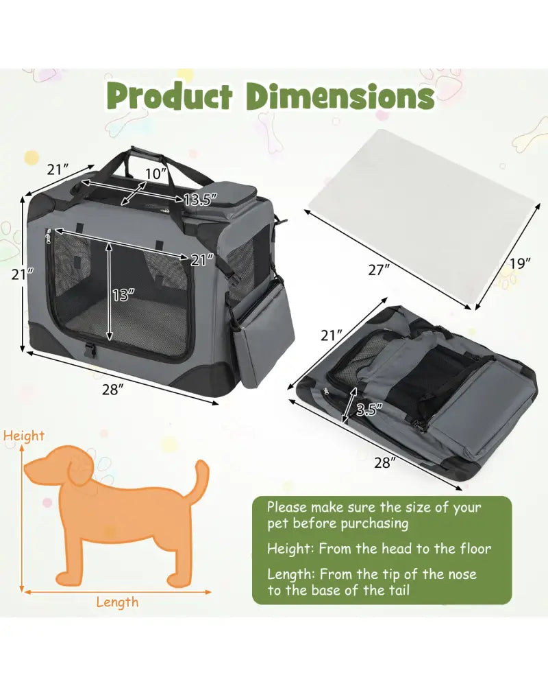 Collapsible Soft Dog Crate Travel Crate with Mesh Windows and 3 Doors-M - Gray - Dog Kennels