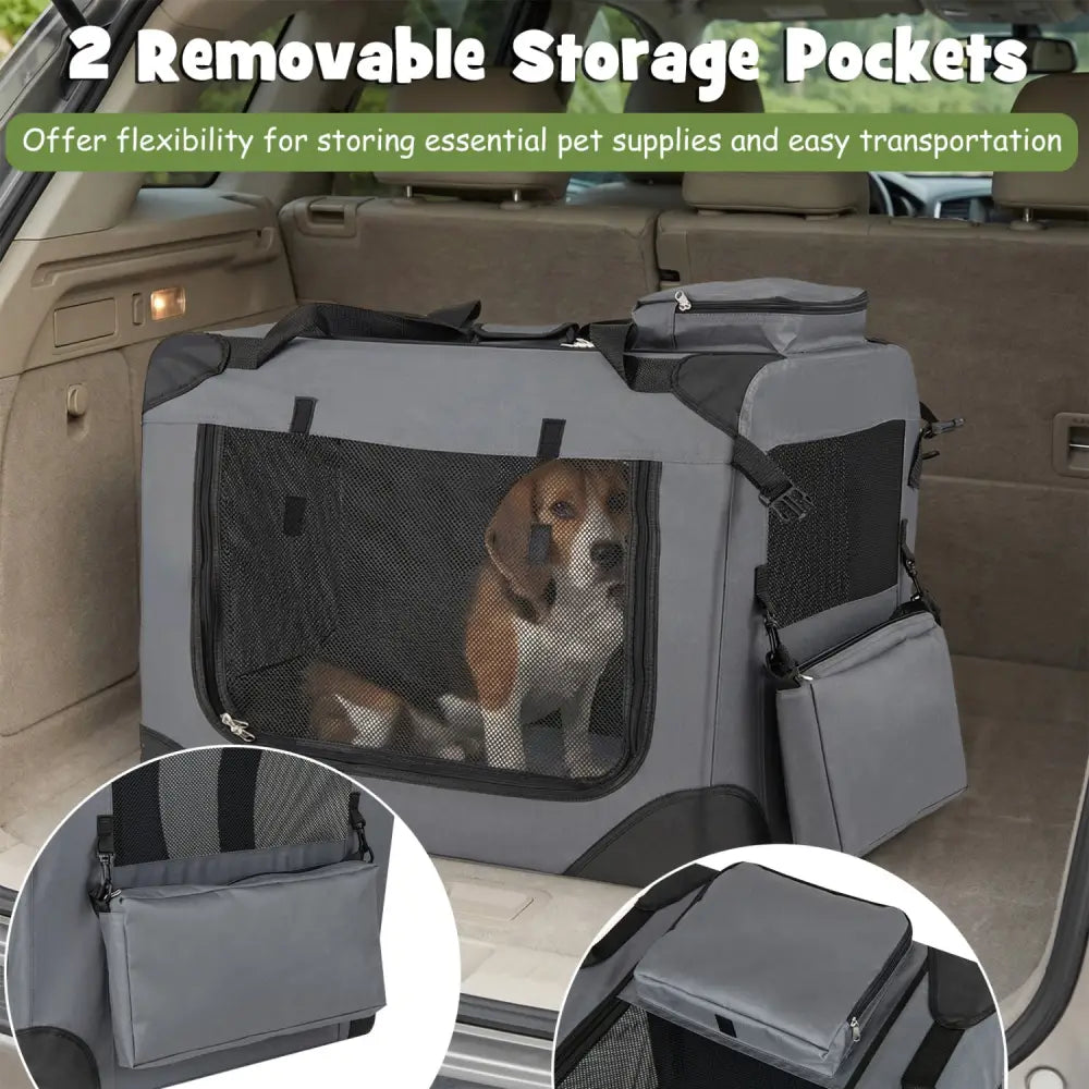 Collapsible Soft Dog Crate Travel Crate with Mesh Windows and 3 Doors-M - Gray - Dog Kennels