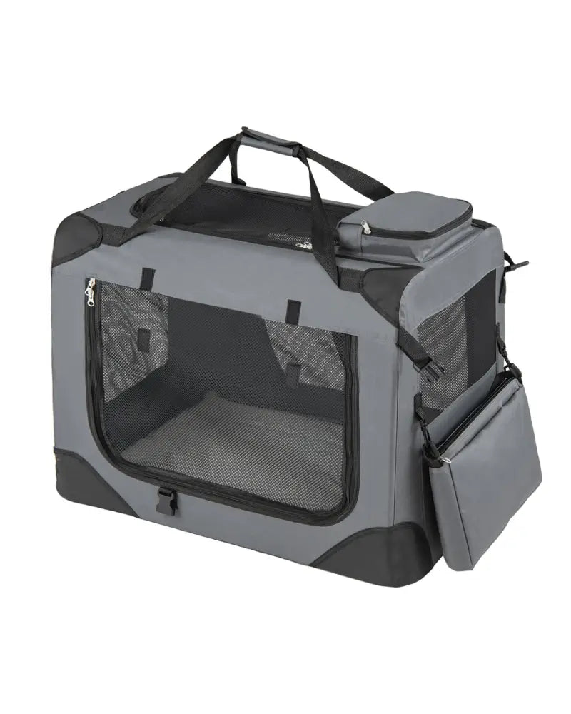 Collapsible Soft Dog Crate Travel Crate with Mesh Windows and 3 Doors-M - Gray - Dog Kennels