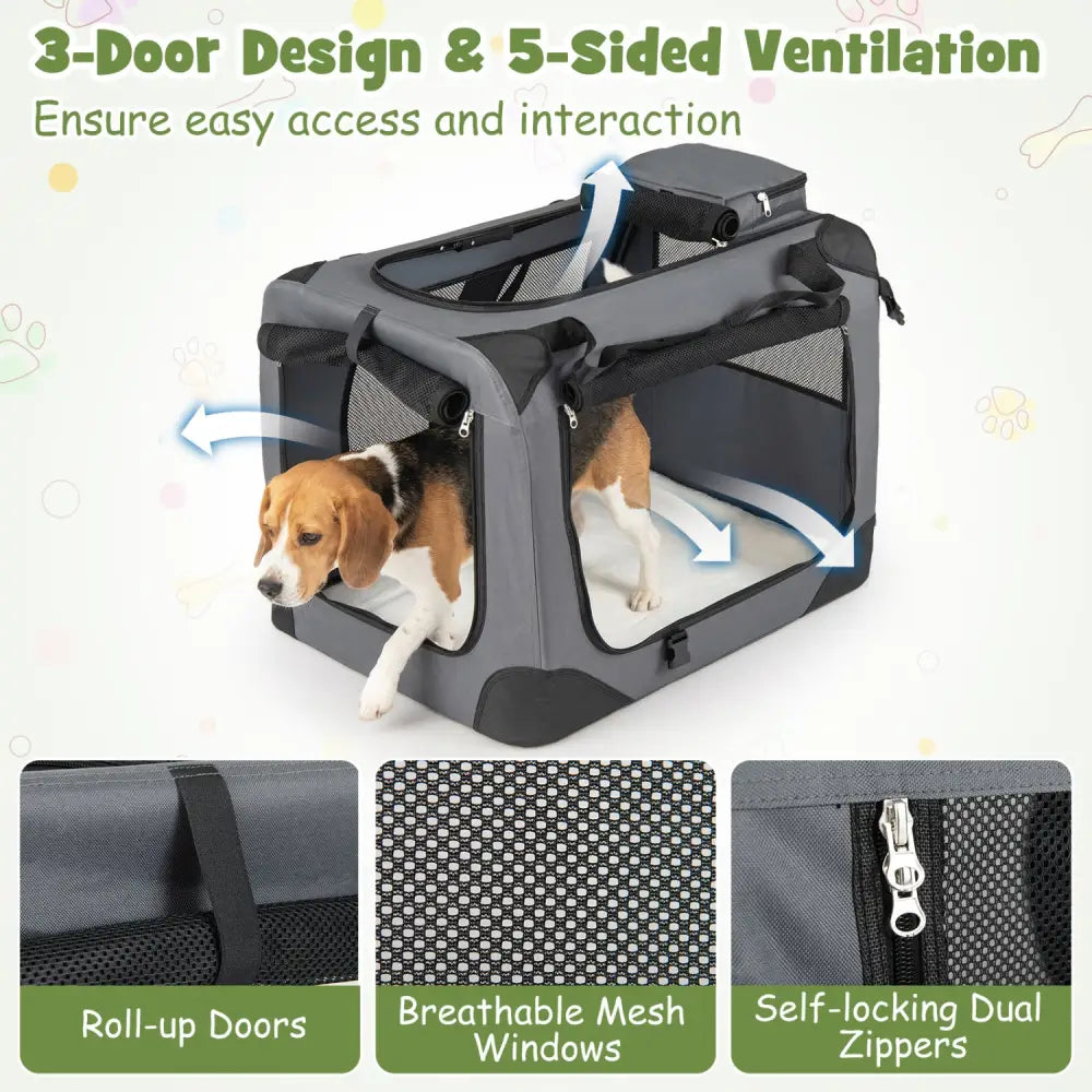 Collapsible Soft Dog Crate Travel Crate with Mesh Windows and 3 Doors-M - Gray - Dog Kennels