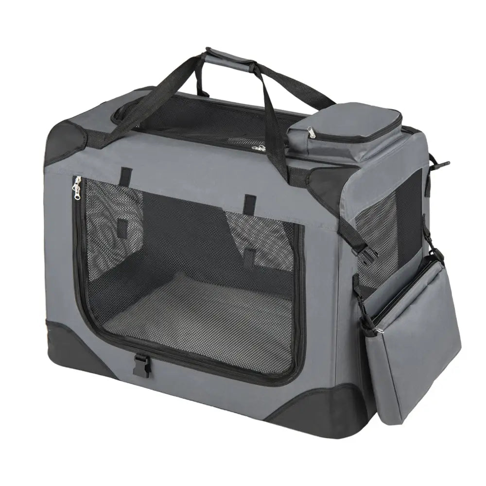 Collapsible Soft Dog Crate Travel Crate with Mesh Windows and 3 Doors-M - Gray - Dog Kennels