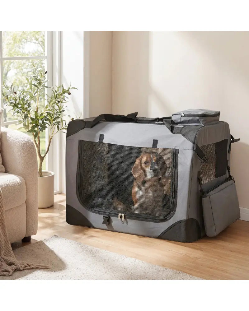 Collapsible Soft Dog Crate Travel Crate with Mesh Windows and 3 Doors-M - Gray - Dog Kennels