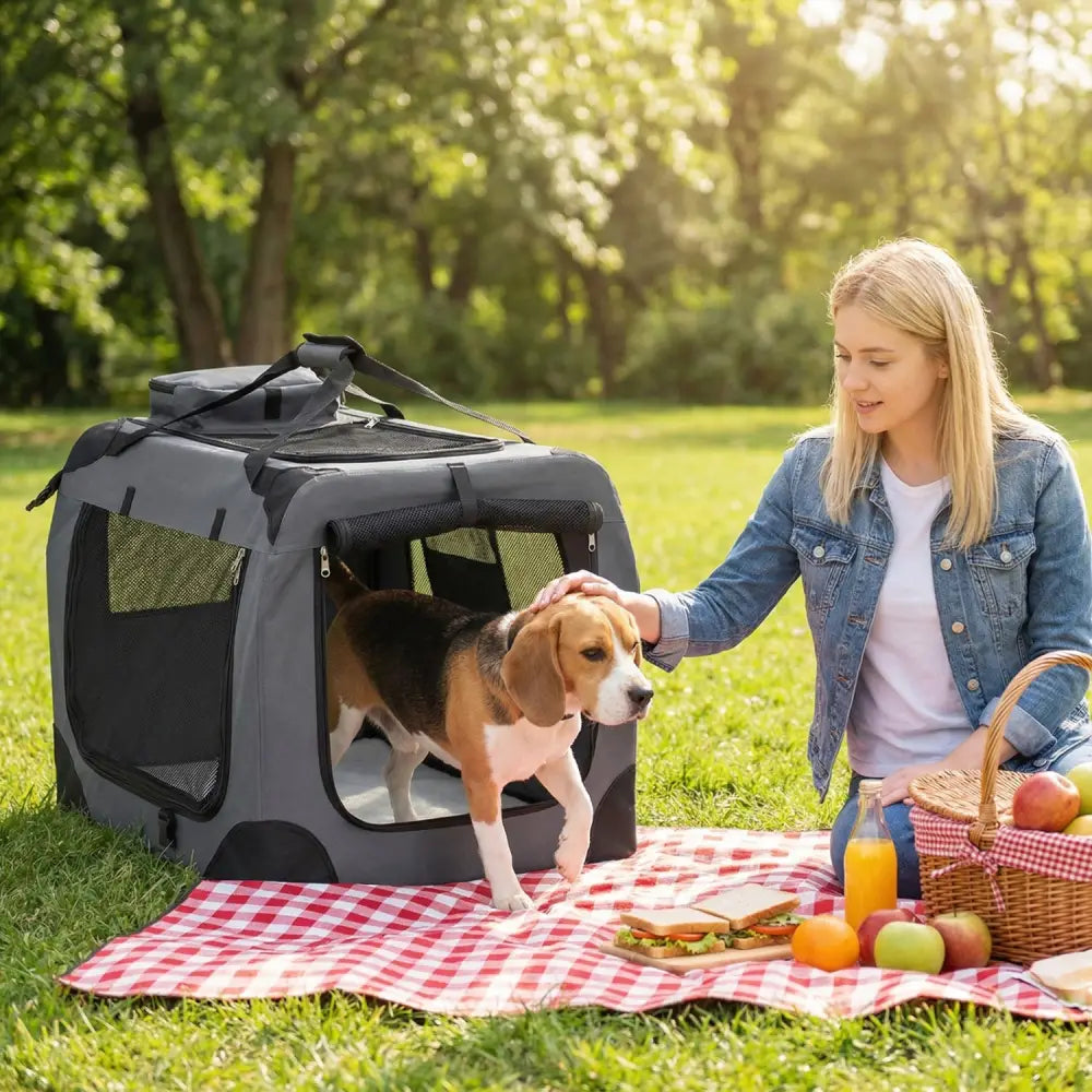 Collapsible Soft Dog Crate Travel Crate with Mesh Windows and 3 Doors-M - Gray - Dog Kennels