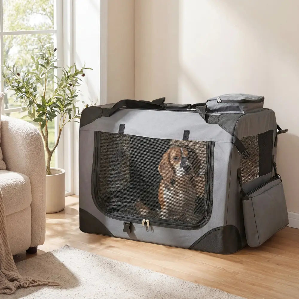Collapsible Soft Dog Crate Travel Crate with Mesh Windows and 3 Doors-M - Gray - Dog Kennels