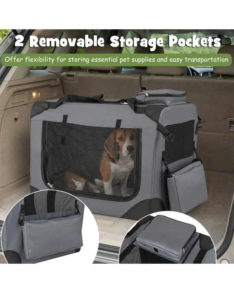 Collapsible Soft Dog Crate Travel Crate with Mesh Windows and 3 Doors-M - Gray - Dog Kennels