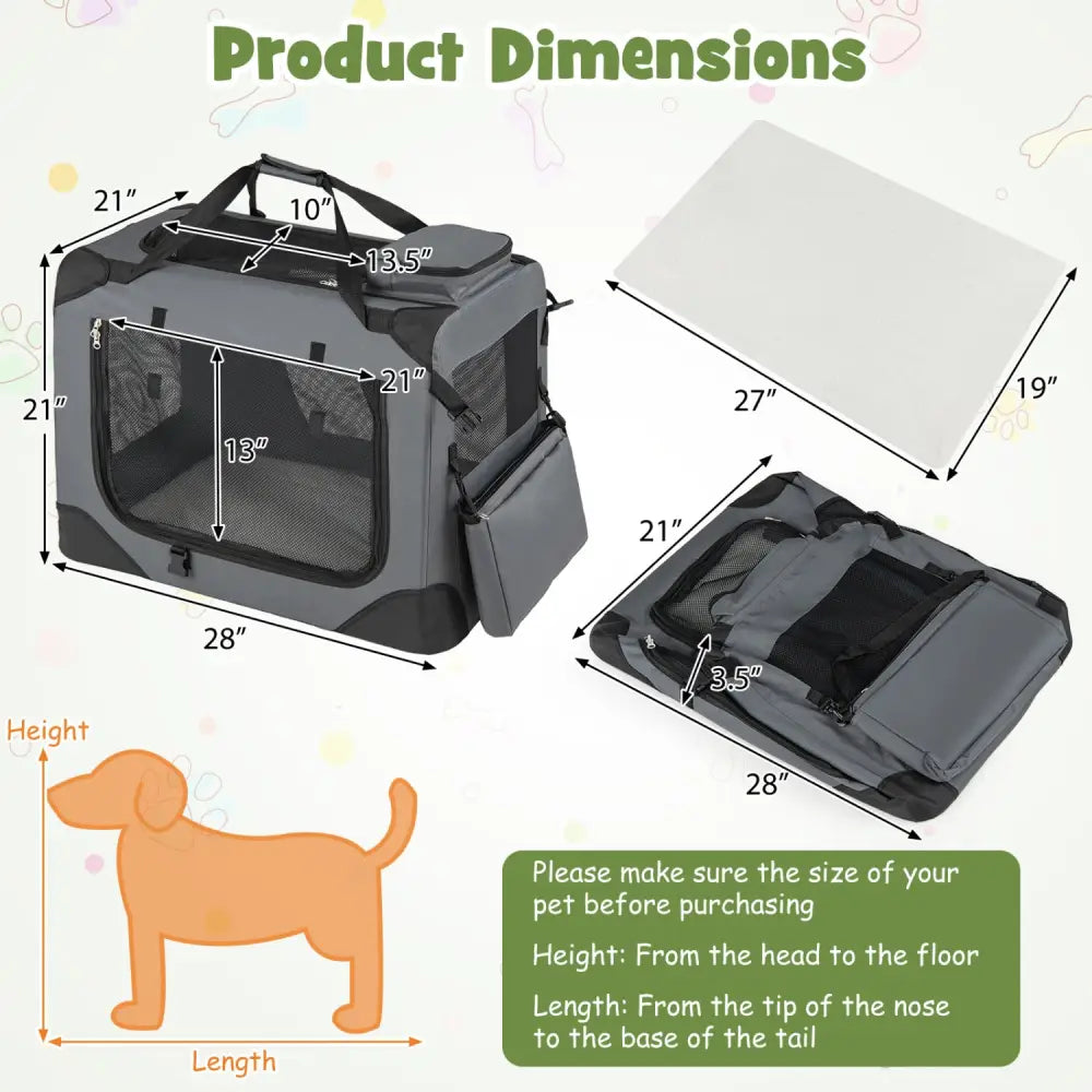 Collapsible Soft Dog Crate Travel Crate with Mesh Windows and 3 Doors-M - Gray - Dog Kennels