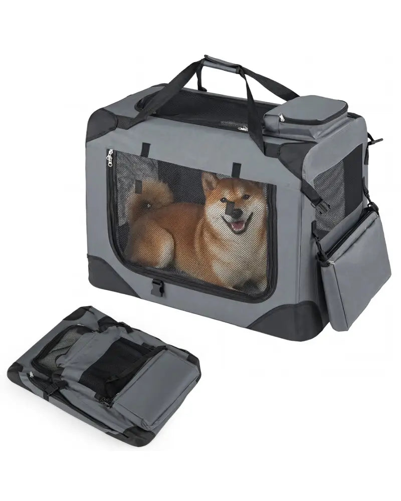 Collapsible Soft Dog Crate Travel Crate with Mesh Windows and 3 Doors-M - Gray - Dog Kennels