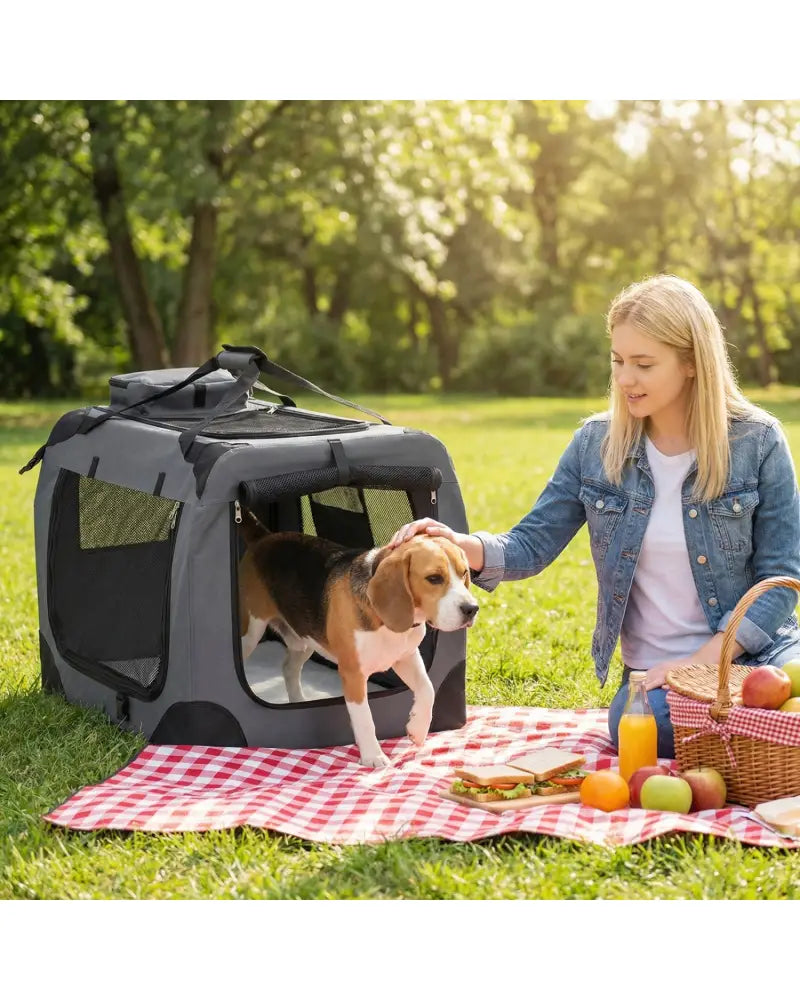 Collapsible Soft Dog Crate Travel Crate with Mesh Windows and 3 Doors-M - Gray - Dog Kennels