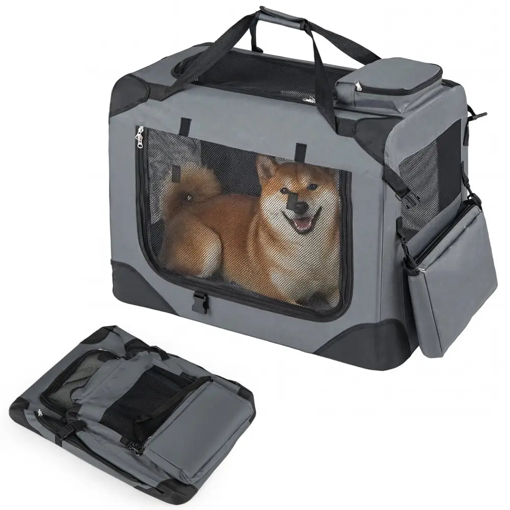 Collapsible Soft Dog Crate Travel Crate with Mesh Windows and 3 Doors-M - Gray - Dog Kennels