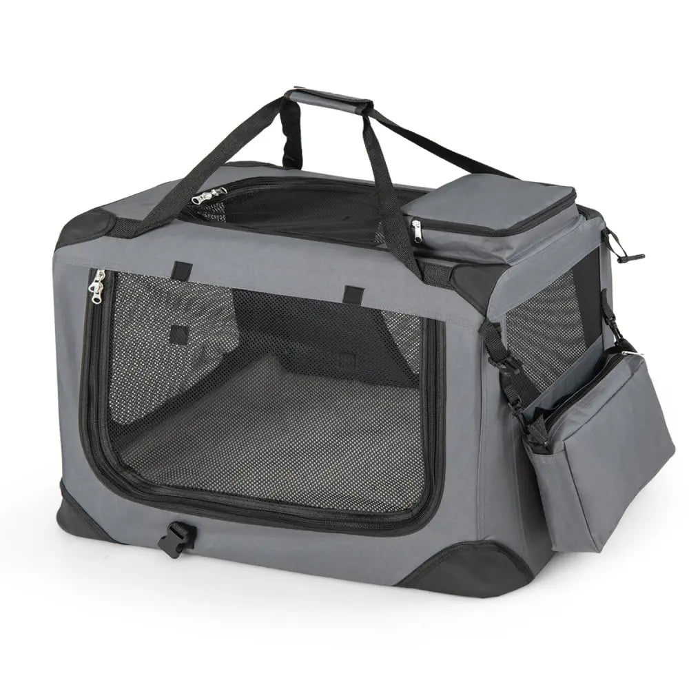 Collapsible Soft Dog Crate Travel Crate with Mesh Windows and 3 Doors-S - Gray - Dog Kennels