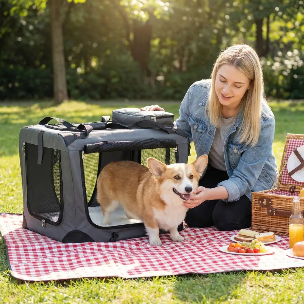 Collapsible Soft Dog Crate Travel Crate with Mesh Windows and 3 Doors-S - Gray - Dog Kennels