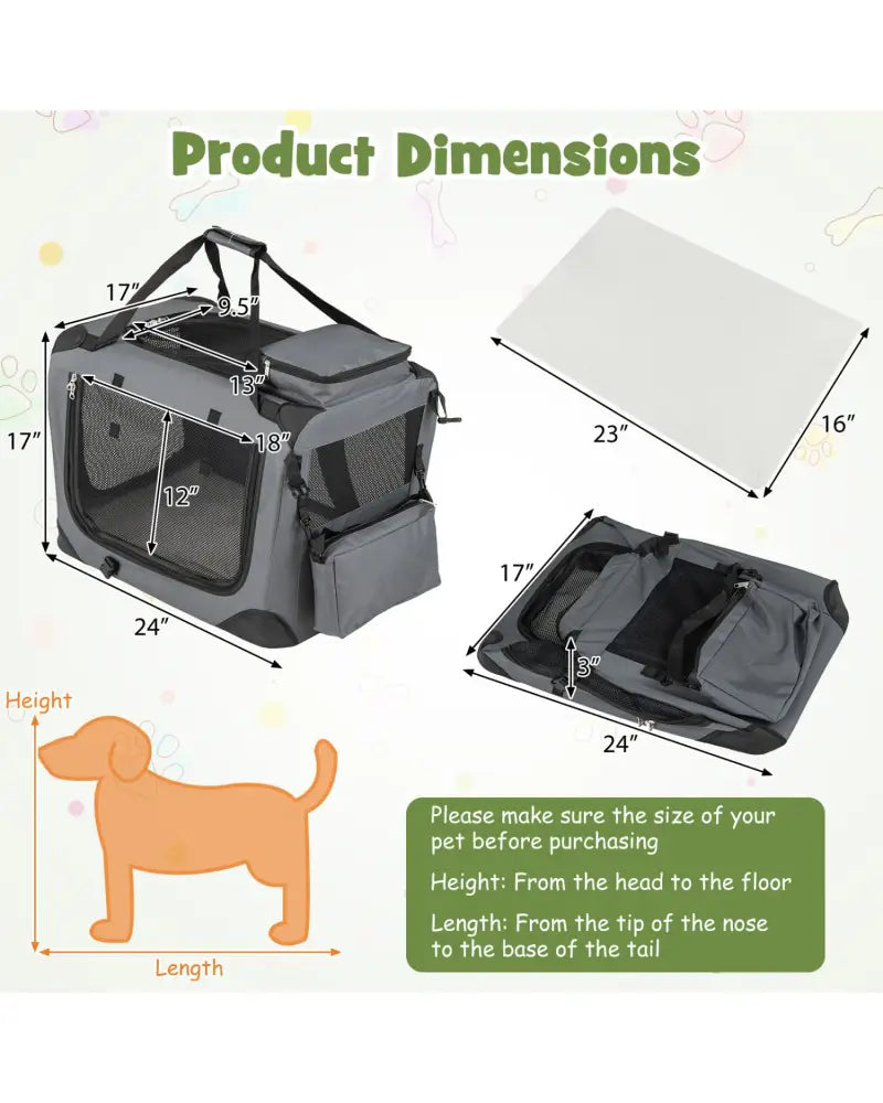 Collapsible Soft Dog Crate Travel Crate with Mesh Windows and 3 Doors-S - Gray - Dog Kennels