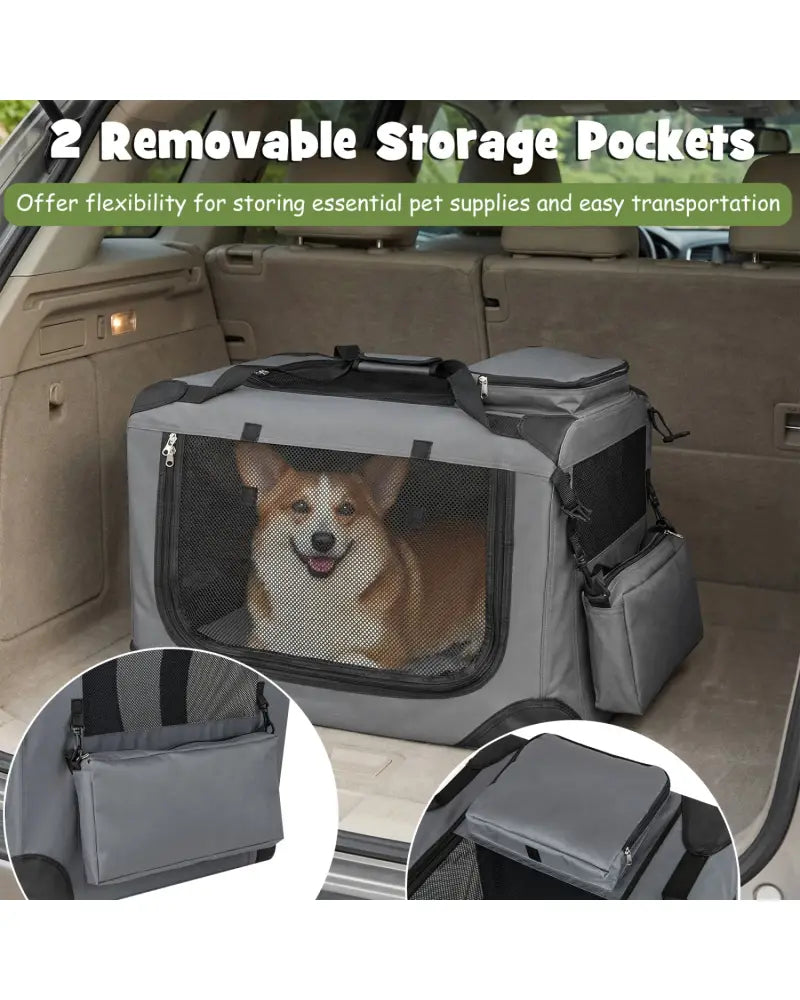 Collapsible Soft Dog Crate Travel Crate with Mesh Windows and 3 Doors-S - Gray - Dog Kennels