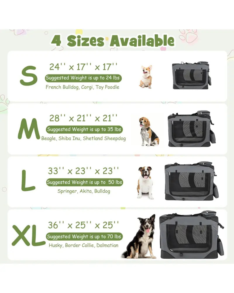 Collapsible Soft Dog Crate Travel Crate with Mesh Windows and 3 Doors-S - Gray - Dog Kennels