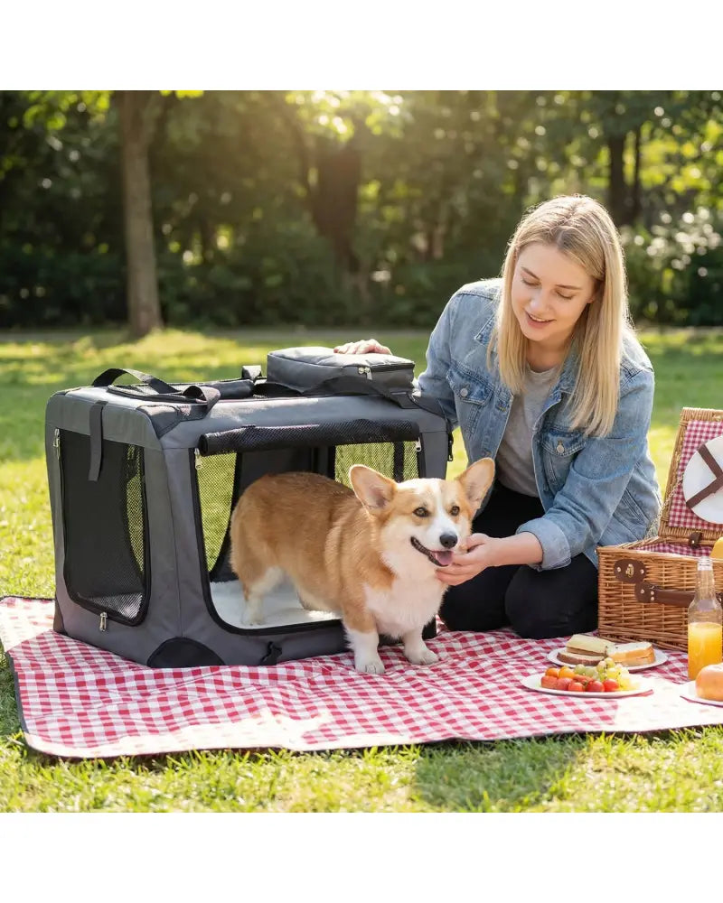 Collapsible Soft Dog Crate Travel Crate with Mesh Windows and 3 Doors-S - Gray - Dog Kennels