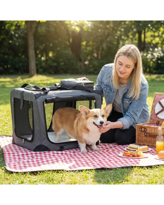 Collapsible Soft Dog Crate Travel Crate with Mesh Windows and 3 Doors-S - Gray - Dog Kennels