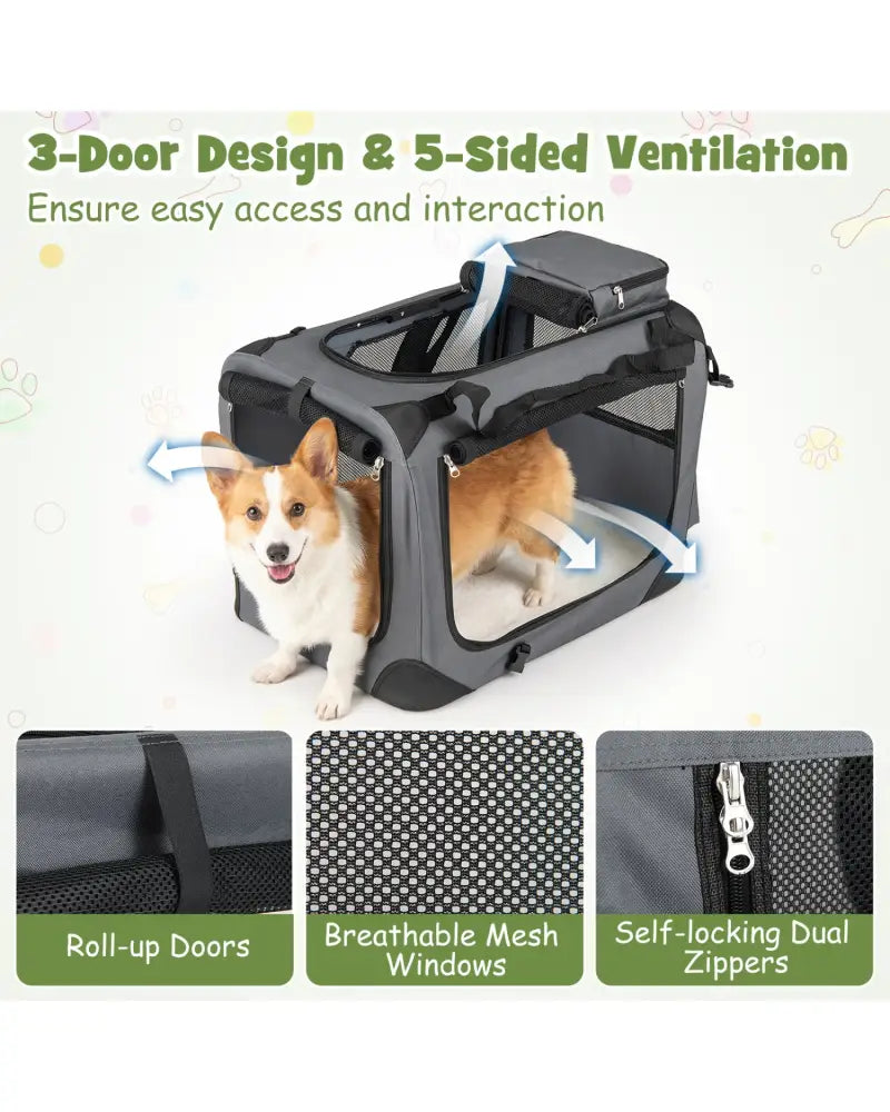 Collapsible Soft Dog Crate Travel Crate with Mesh Windows and 3 Doors-S - Gray - Dog Kennels