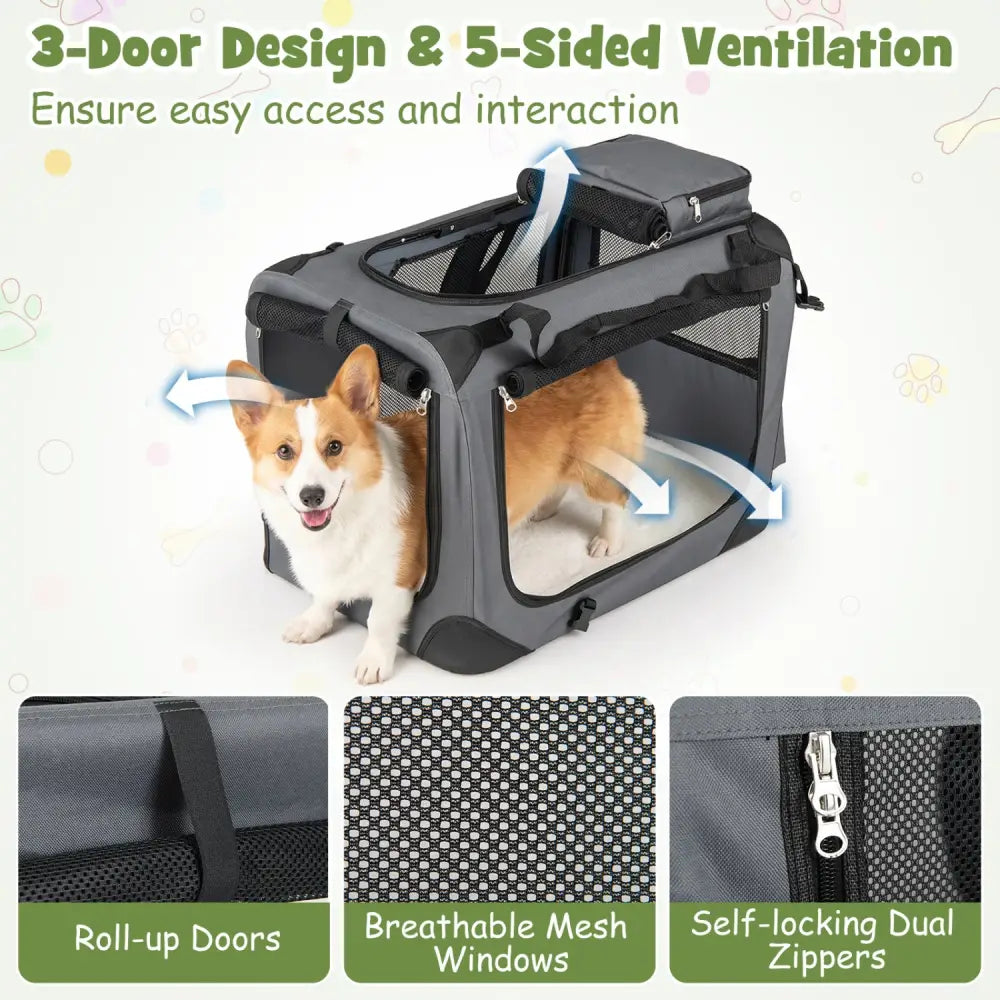Collapsible Soft Dog Crate Travel Crate with Mesh Windows and 3 Doors-S - Gray - Dog Kennels