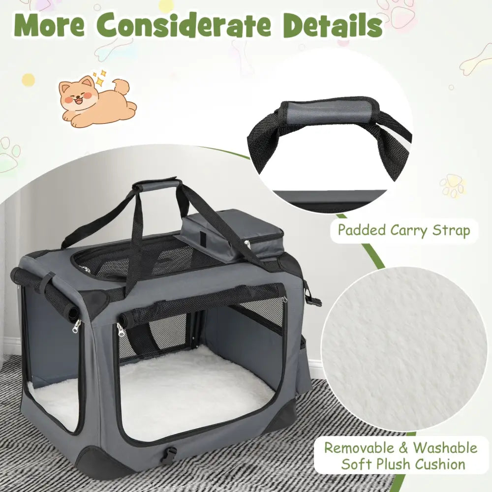 Collapsible Soft Dog Crate Travel Crate with Mesh Windows and 3 Doors-S - Gray - Dog Kennels