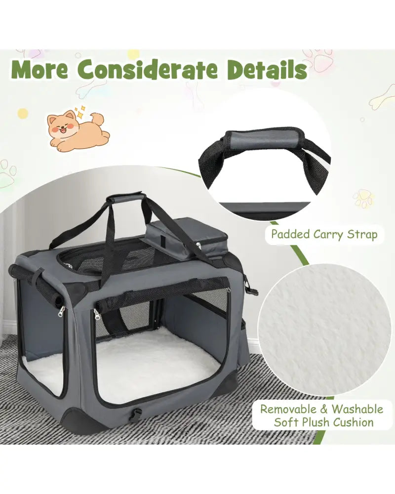 Collapsible Soft Dog Crate Travel Crate with Mesh Windows and 3 Doors-S - Gray - Dog Kennels