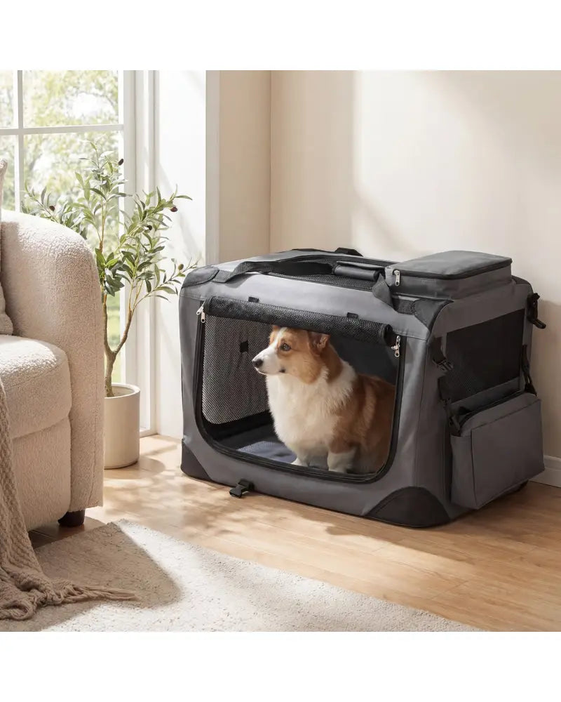 Collapsible Soft Dog Crate Travel Crate with Mesh Windows and 3 Doors-S - Gray - Dog Kennels