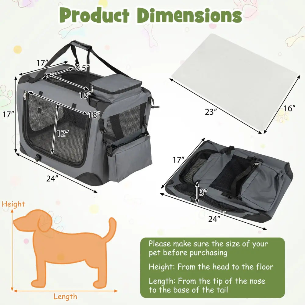 Collapsible Soft Dog Crate Travel Crate with Mesh Windows and 3 Doors-S - Gray - Dog Kennels