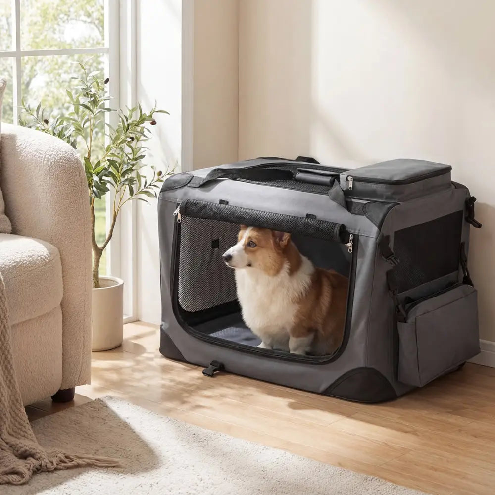 Collapsible Soft Dog Crate Travel Crate with Mesh Windows and 3 Doors-S - Gray - Dog Kennels