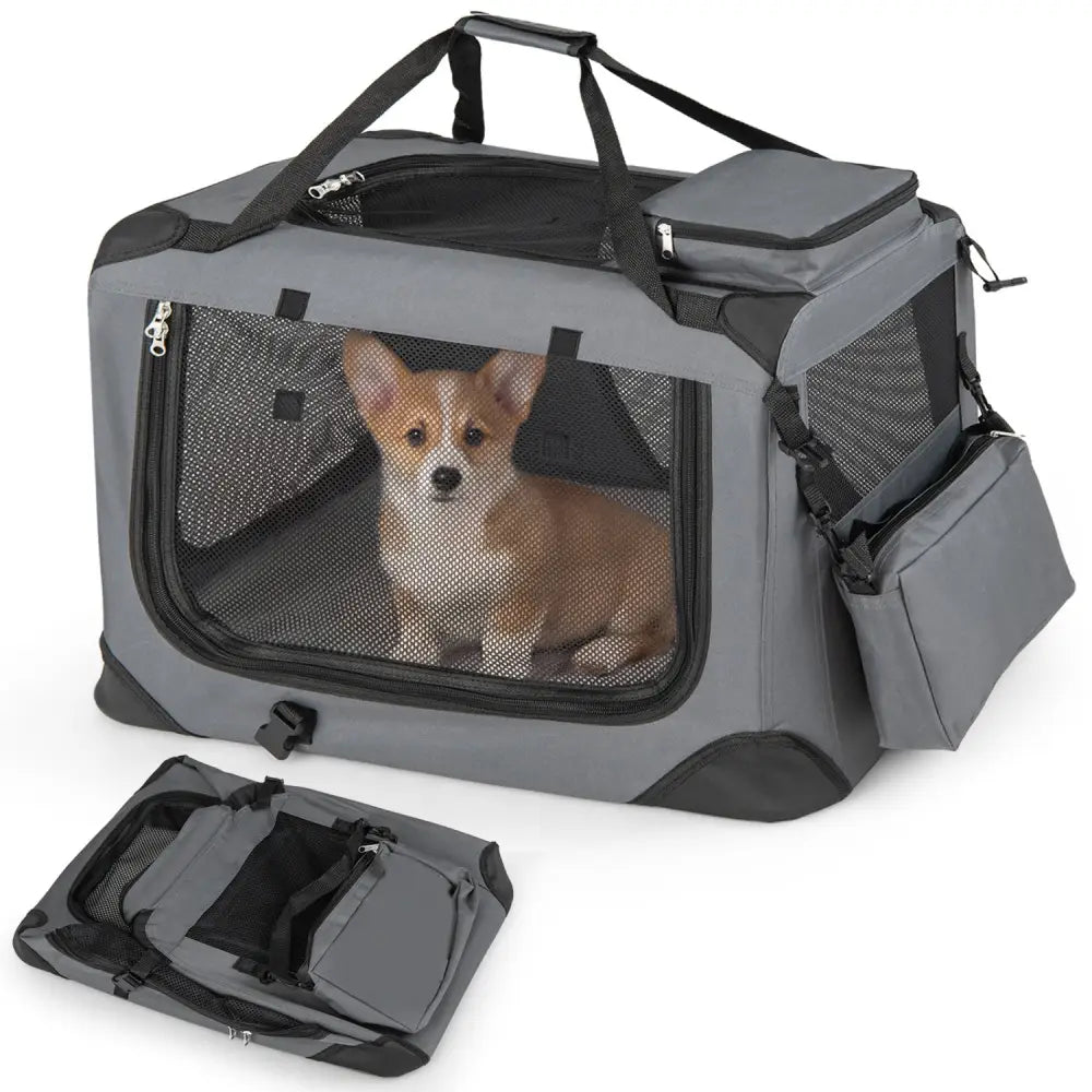 Collapsible Soft Dog Crate Travel Crate with Mesh Windows and 3 Doors-S - Gray - Dog Kennels