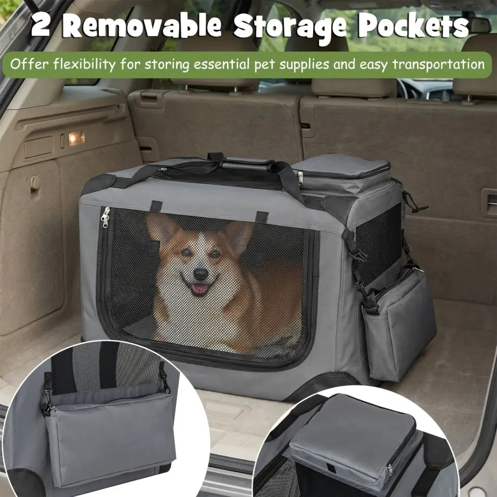 Collapsible Soft Dog Crate Travel Crate with Mesh Windows and 3 Doors-S - Gray - Dog Kennels