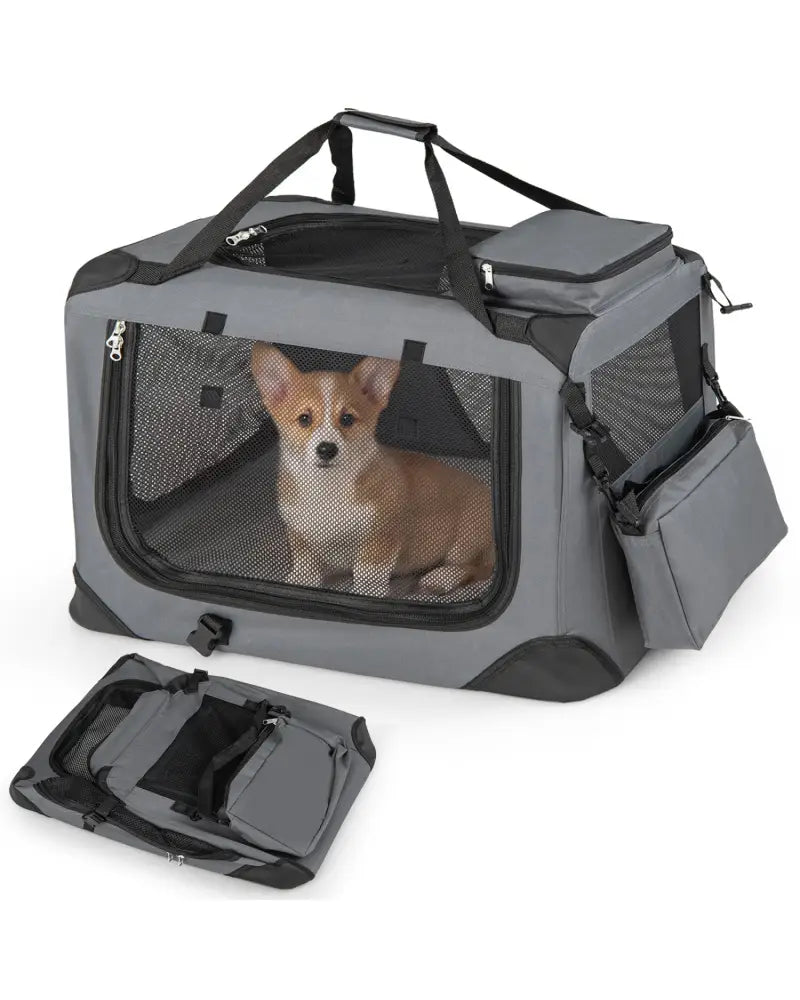 Collapsible Soft Dog Crate Travel Crate with Mesh Windows and 3 Doors-S - Gray - Dog Kennels