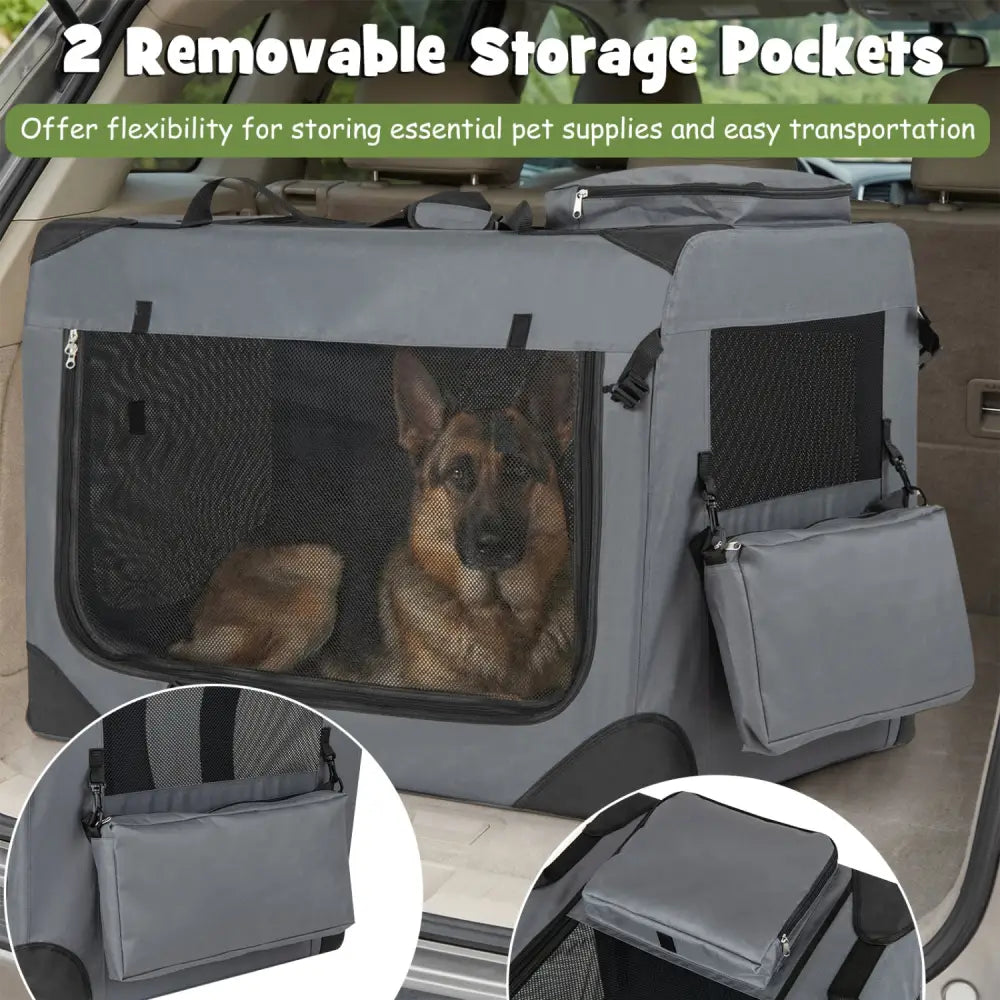 Collapsible Soft Dog Crate Travel Crate with Mesh Windows and 3 Doors-XL - Gray - Dog Kennels