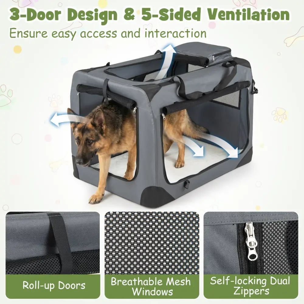 Collapsible Soft Dog Crate Travel Crate with Mesh Windows and 3 Doors-XL - Gray - Dog Kennels